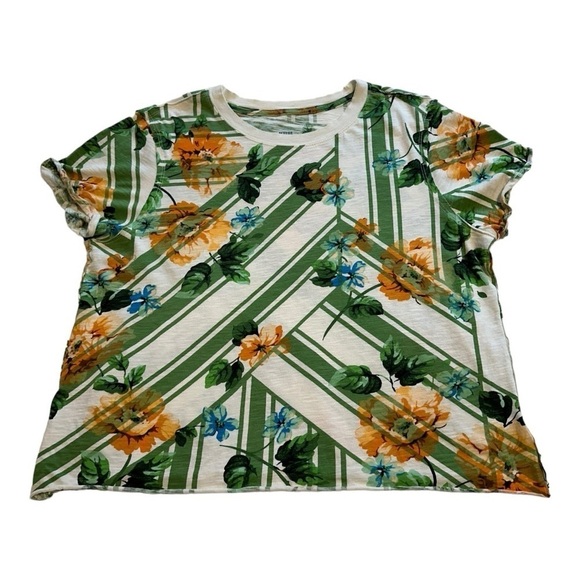 Anthropologie | Maeve Cropped Floral Striped Print Short Sleeve Tee - Size L - Picture 1 of 7